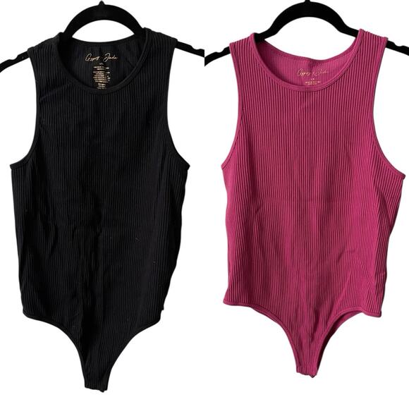 Gypsy + Jade Large XL Bodysuit Tank Top Ribbed Set of 2 Black Pink - Picture 1 of 14